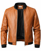 Front view of a slim-fit men's leather bomber jacket in a dark shade