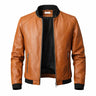 Front view of a slim-fit men's leather bomber jacket in a dark shade