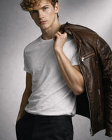 Slim Men's Leather Biker Jacket With Stand Collar and Zip Pockets
