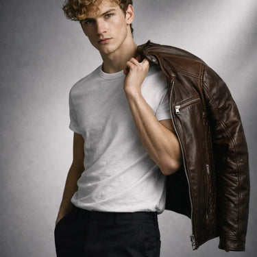 Slim Men's Leather Biker Jacket With Stand Collar and Zip Pockets