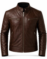 Slim Men's Leather Biker Jacket With Stand Collar and Zip Pockets