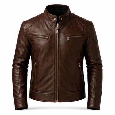 Slim Men's Leather Biker Jacket With Stand Collar and Zip Pockets
