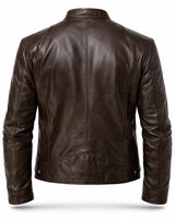 Slim Men's Leather Biker Jacket With Stand Collar and Zip Pockets