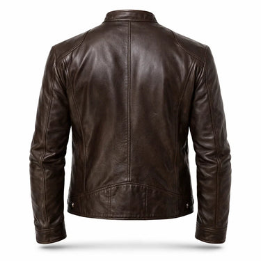 Slim Men's Leather Biker Jacket With Stand Collar and Zip Pockets