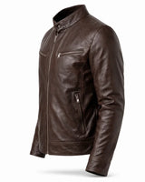 Slim Men's Leather Biker Jacket With Stand Collar and Zip Pockets