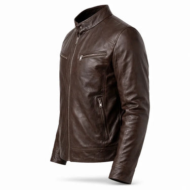 Slim Men's Leather Biker Jacket With Stand Collar and Zip Pockets