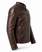 Slim Men's Leather Biker Jacket With Stand Collar and Zip Pockets