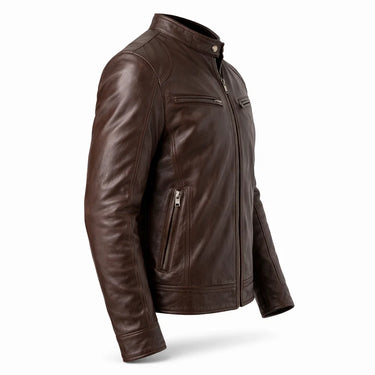 Slim Men's Leather Biker Jacket With Stand Collar and Zip Pockets