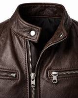 Slim Men's Leather Biker Jacket With Stand Collar and Zip Pockets