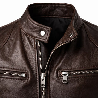 Slim Men's Leather Biker Jacket With Stand Collar and Zip Pockets