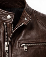 Slim Men's Leather Biker Jacket With Stand Collar and Zip Pockets