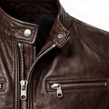 Slim Men's Leather Biker Jacket With Stand Collar and Zip Pockets