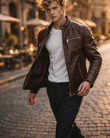 Close-up of a twin chest zip pocket on the leather jacket