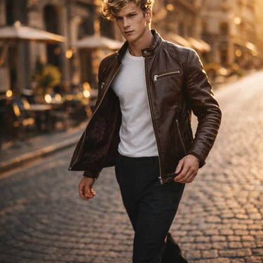 Close-up of a twin chest zip pocket on the leather jacket