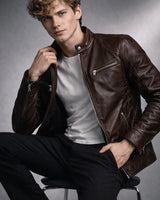 Side-entry pocket detail on the men's leather biker jacket