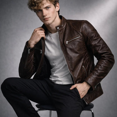 Side-entry pocket detail on the men's leather biker jacket