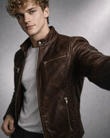 Three-quarter view of the leather jacket worn over a crew-neck top