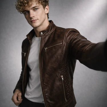Three-quarter view of the leather jacket worn over a crew-neck top