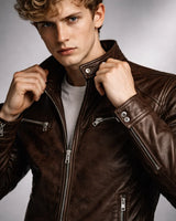 Full-length front view of the jacket paired with dark trousers