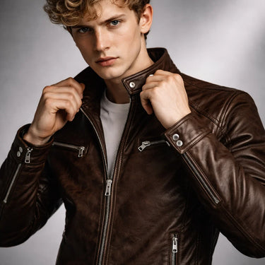 Full-length front view of the jacket paired with dark trousers