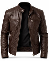 Front view of a slim-fit men's leather biker jacket in dark brown