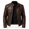 Front view of a slim-fit men's leather biker jacket in dark brown