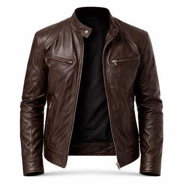 Front view of a slim-fit men's leather biker jacket in dark brown