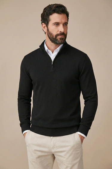 Smart Men’s Half Zip Sweater With Stand Collar And Ribbed Hem