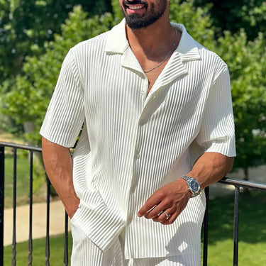 Smart Men’s Pleated Two Piece Set With Camp Collar Shirt And Straight Leg Trousers