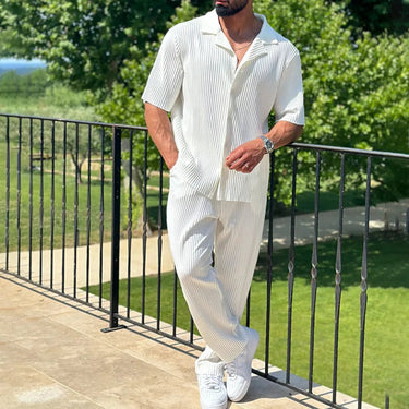 Smart Men’s Pleated Two Piece Set With Camp Collar Shirt And Straight Leg Trousers