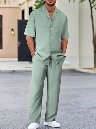 Smart Men’s Short Sleeve Shirt And Tailored Trouser Set With Button Front