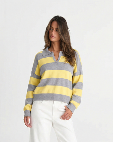 Smart Women’s Striped Knit Polo Sweater With Long Sleeve Relaxed Fit