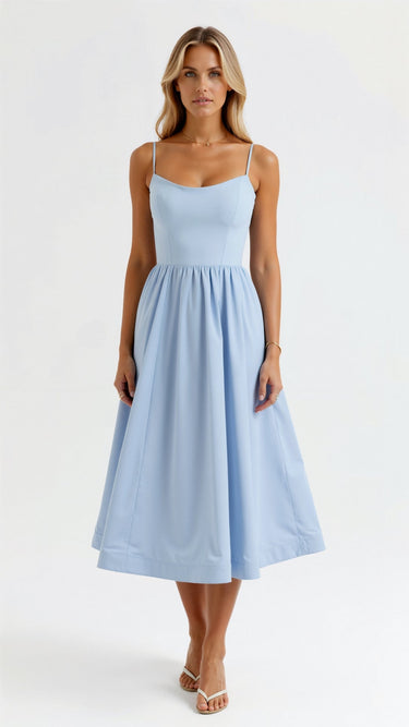 Spaghetti Strap Midi Dress with Gathered Skirt