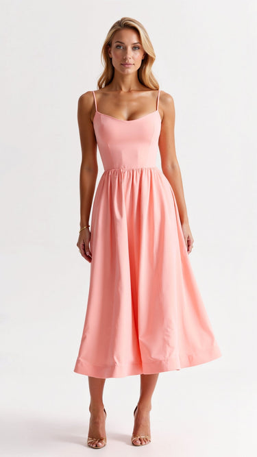Spaghetti Strap Midi Dress with Gathered Skirt