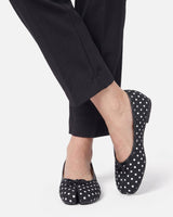 Heel view of flat ballet shoe with split-toe silhouette
