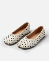Split-toe polka-dot ballet flat with bow detail, front view