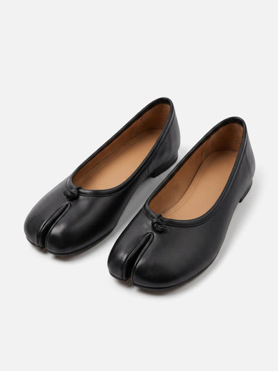 Leather split-toe ballet flat with knotted strap across the upper, side view