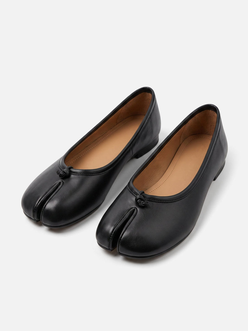 Leather split-toe ballet flat with knotted strap across the upper, side view