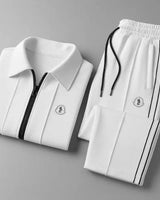 Side view of tapered joggers with stripe detail