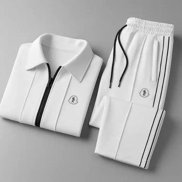 Side view of tapered joggers with stripe detail