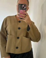 Spring Cropped Button Front Jacket with Patch Pockets