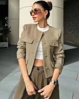 Spring Cropped Cardigan Jacket with Flap Pockets