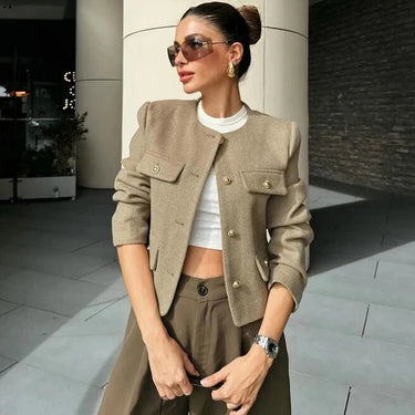 Spring Cropped Cardigan Jacket with Flap Pockets