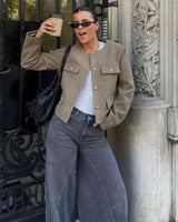 Spring Cropped Cardigan Jacket with Flap Pockets