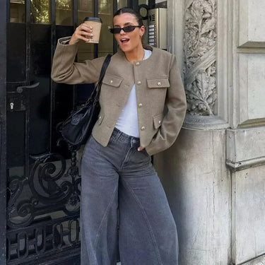 Spring Cropped Cardigan Jacket with Flap Pockets