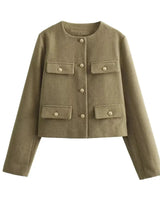 Spring Cropped Cardigan Jacket with Flap Pockets