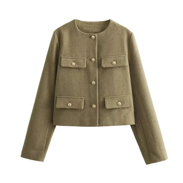 Spring Cropped Cardigan Jacket with Flap Pockets