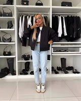 Spring Quilted Bomber Jacket with Zip Front