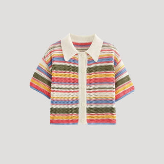 Spring Striped Crochet Knit Cardigan with Button Front
