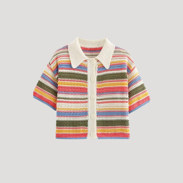 Spring Striped Crochet Knit Cardigan with Button Front